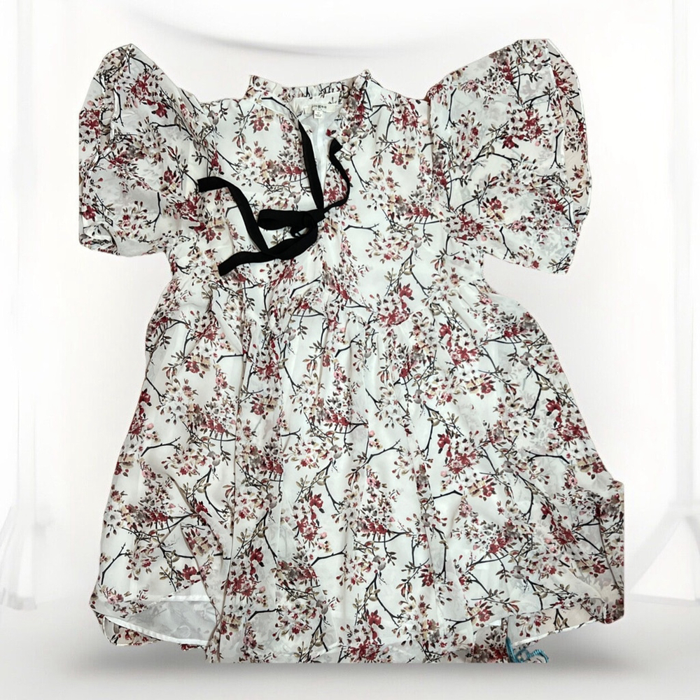 Umgee Medium tie neck babydoll dress Flowy Short Sleeve Lined High Waist